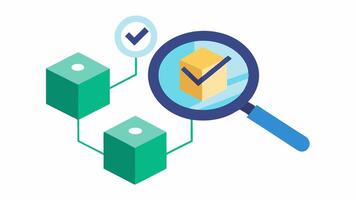 An illustration of a magnifying glass over a blockchain block depicting a verification process ensuring each vote is valid and tamperproof.. vector