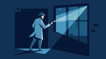 Flashlight Beam A detective using a flashlight to examine the inside of the room through the broken window casting a beam of light into the darkness.. vector