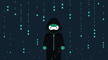 Binary Code Rain A backdrop of cascading binary code falling like rain with the hacker in front symbolizing the vast amount of data they are navigating.. vector