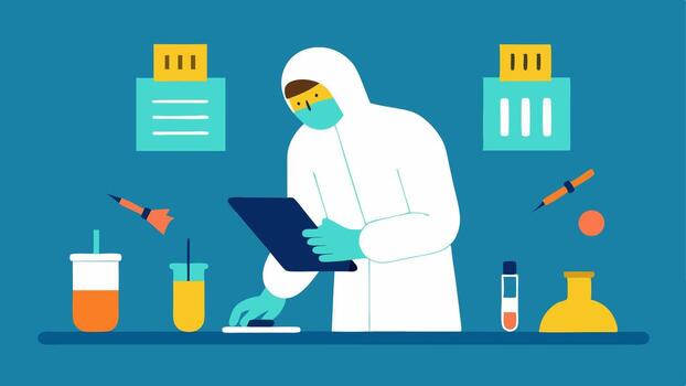 Evidence Cataloging A forensic lab worker documenting DNA evidence in a notebook while surrounding evidence bags and labels are neatly organized on a table.. vector