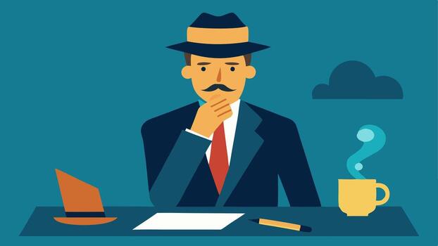 detective con un sombrero y tubo un clásico representación de un detective con un fedora y tubo reflexionando terminado un pista mientras rascarse su barbilla con terado evidencia en el mesa.. vector