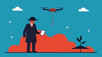 Drone Assisting Investigation A drone hovering in the sky above a crime scene with a detective on the ground observing the aerial footage on a tablet.. vector