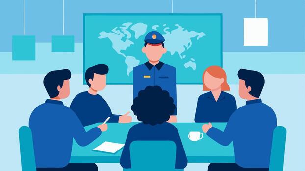 After Action Review A group of officers sitting down postoperation discussing the mission with a whiteboard and maps behind them capturing a moment of reflection and strategy.. vector