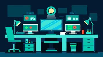 Data Recovery Lab A brightly lit lab filled with monitors where a spet types commands on a keyboard surrounded by various tech gadgets.. vector