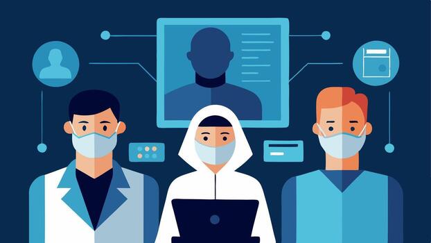datos análisis equipo un grupo de forense analistas en un laboratorio ajuste evaluando facial reconocimiento datos relacionado a un de alto perfil delincuente caso.. vector