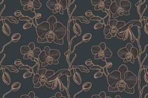 Elegant dark floral pattern with blooming orchids and buds vector