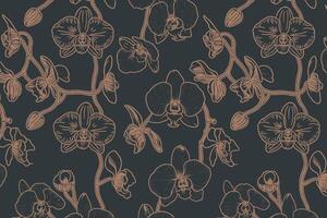 Elegant line art orchid pattern on dark background vector