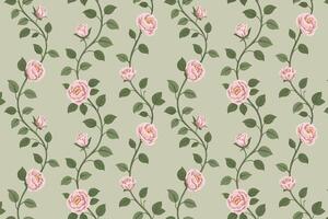 Seamless pattern of pink roses and green leaves on a muted background vector