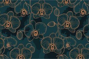 Elegant orchid flower pattern with copper outline on teal background vector