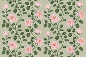 A pattern with pink roses and green leaves vector