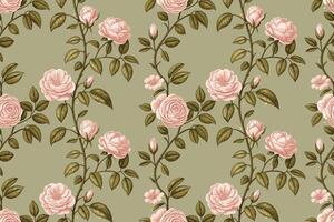 A pattern with pink roses on green background vector