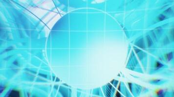 Abstract blue sphere rotating behind grid with light trails video