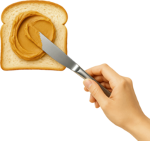 A person holding a knife and cutting a piece of bread with peanut butter png