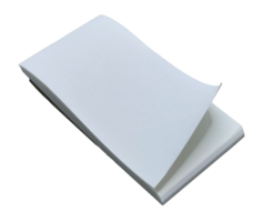 A blank notebook with a curved sheet of paper at the corner on transparent background . png