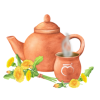 Watercolor Terracotta clay teapot and cup with Sanskrit letters of Root chakra and hot herbal infusion or tea in it. Dandelion bouquet and separated flowers and leaves. Hand-drawn illustration png