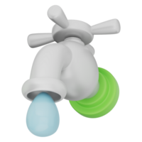 White faucet with flowing blue water drop representing water saving, clean flow, eco friendly usage. Green handle on transparent background, perfect for eco icon, plumbing concept, 3d illustration. png
