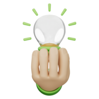 Idea with hand holding glowing lightbulb, symbolizing green energy, innovation, eco power, creative thinking, sustainable solution, efficient technology. Transparent background, 3d illustration. png