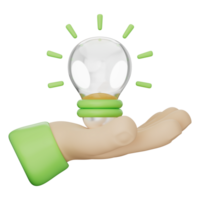 Hand gesture holding eco bulb with leaf, symbolizing green idea, clean energy, efficient power, smart solution, renewable innovation, and sustainable technology 3d illustration png