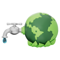 Water conservation concept featuring a green earth with a faucet and blue water drop, symbolizing eco-friendly practices and sustainable water usage. Transparent background, 3D illustration. png
