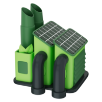 Smart factory in nature using solar power and energy efficient systems to reduce carbon footprint. Industrial innovation for sustainable green energy. On a transparent background, 3d illustration. png