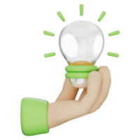 Idea bulb icon held by cartoon hand, innovation, green energy, knowledge, and eco-friendly solution. Ideal for technology, science, and sustainability themes. Transparent background, 3d illustration. png