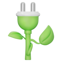 Eco power plug with leaf and plant design showing green energy, electricity saving, sustainable solution, smart energy, and renewable source on a transparent background, 3d illustration. png