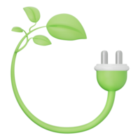 Green power plug with leaf sprouting from circular cord, symbolizing clean energy, renewable power, green technology, sustainability, eco friendly energy on transparent background, 3d illustration. png
