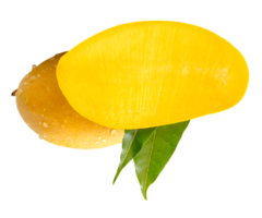 Ripe mango fruit and half with green leaves and water droplets in horizon stack isolated with clipping path in file format png