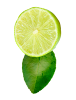 Green lemon half in circle shape with green leaf isolated with clipping path in file format png