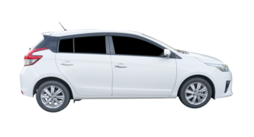 Right side view of mini or small white sports hatchback car isolated with clipping path in file format png