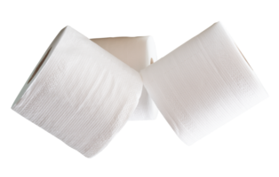 White tissue paper or toilet paper in three rolls in stack isolated with clipping path in file format png
