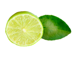 Green lemon in circle shape in half with green leaf isolated with clipping path in file format png