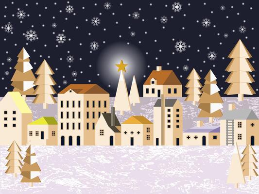 Charming Winter Village Illustration at Night, Featuring Snow Covered Houses, Evergreen Trees, and Falling Snowflakes under Dark Sky with Prominent Star Atop and Tall Christmas Tree.