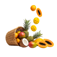 A sunlit scene showcasing a rustic wicker basket brimming with ripe mangoes, oranges, and a halved coconut. Juicy papaya and pineapple chunks playfully float around the basket png