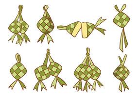 Hand Drawn Ketupat Icon Traditional. A festive collection of ketupat icons including single double and sliced variations with woven ribbon detail and more. Perfect for Eid decor culinary themes vector