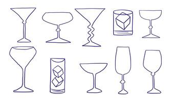 Hand Drawn Line Art Cocktail Wine Glass. A refined collection of 10 hand drawn glassware elements in clean line art style featuring martini and wine. Perfect for bar menus stickers and drink vector