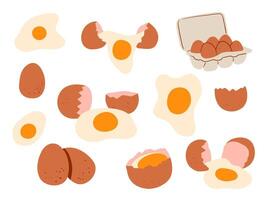 Flat Hand Drawn Egg Yolk Illustration. A playful collection of flat egg illustrations including cracked shells fried yolks and cartons in warm tones and cartoon style. Perfect for food icons breakfast vector