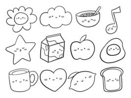 Line Art Kawaii Face Character. A playful set of twelve cute line art characters featuring smiling food shapes clouds flowers and more. Perfect for coloring pages sticker designs kids projects vector