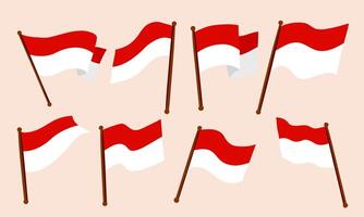 Indonesian Flag Icon Waving Motion. A complete collection of red and white Indonesian flag icons in various wave styles from curved to ripple and more. Perfect for national day posters patriotic theme vector