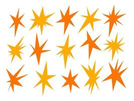 Retro Comic Style Starburst Silhouette. A dynamic set of 15 angular starburst silhouettes in orange and yellow tones with jagged comic inspired spikes graphic energy. Perfect for stickers posters vector