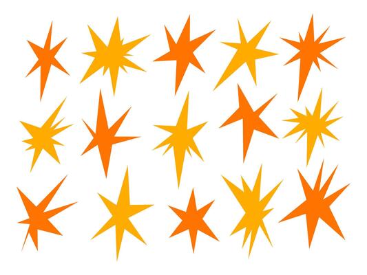 Retro Comic Style Starburst Silhouette. A dynamic set of 15 angular starburst silhouettes in orange and yellow tones with jagged comic inspired spikes graphic energy. Perfect for stickers posters