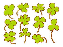 Hand Drawn Clover Leaf Collection. A lively collection of clover leaf icons featuring rounded sharp and irregular petal styles with playful red outlines. Perfect for lucky charm themes seasonal decor vector