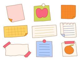 Doodle Style Memo Paper And Note. A playful collection of hand drawn note papers including sticky notes, taped sheets, grid pages, and torn edges. Perfect for planners, journals, and school projects vector