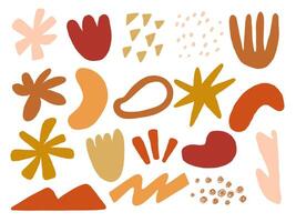 Earthy Doodle Style Abstract Shape Set. A warm and playful collection of 18 hand drawn abstract elements including blobs spiral leaves and textured forms in earthy tones. Perfect for layout decoration vector
