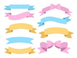 Flat Style Pastel Ribbon and Bow Icon. A playful collection of flat pastel ribbon and bow illustrations in pink blue and yellow with soft folds curves. Perfect for cards packaging tags and decoration vector