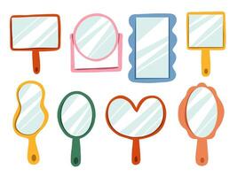 Whimsical Doodle Mirror Illustration. A playful set of 8 hand drawn mirrors in various shapes including oval rectangle and scalloped frames with soft reflections. Perfect for beauty themes stickers vector