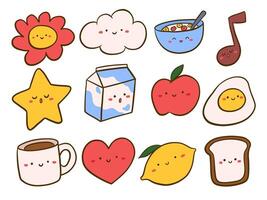 Adorable Kawaii Character Icon Set. A cheerful set of 12 kawaii icons featuring smiling food items musical notes clouds hearts and more with cute faces. Perfect for stickers kids themes vector