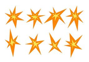 Geometric Starburst Collection. A collection of eight dynamic geometric starburst shapes featuring sharp rays abstract forms and layered orange yellow contrast. Perfect for sticker pop visuals vector