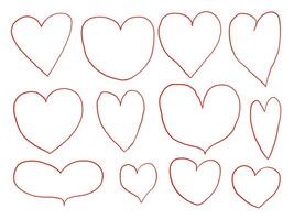Line Art Heart Outline Element. A charming collection of twelve hand drawn heart outlines in various styles from plump to narrow and abstract. Perfect for love themed designs stickers cards packaging vector
