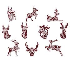 Elegant illustration set of abstract deer with intricate filigree patterns. Ideal for wall art, holiday decor, nature inspired designs, and ornamental prints. vector
